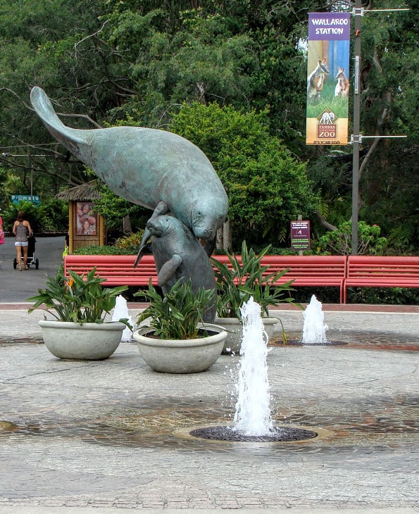 A statue of a manatee and baby at the entrance to the Tampa zoo